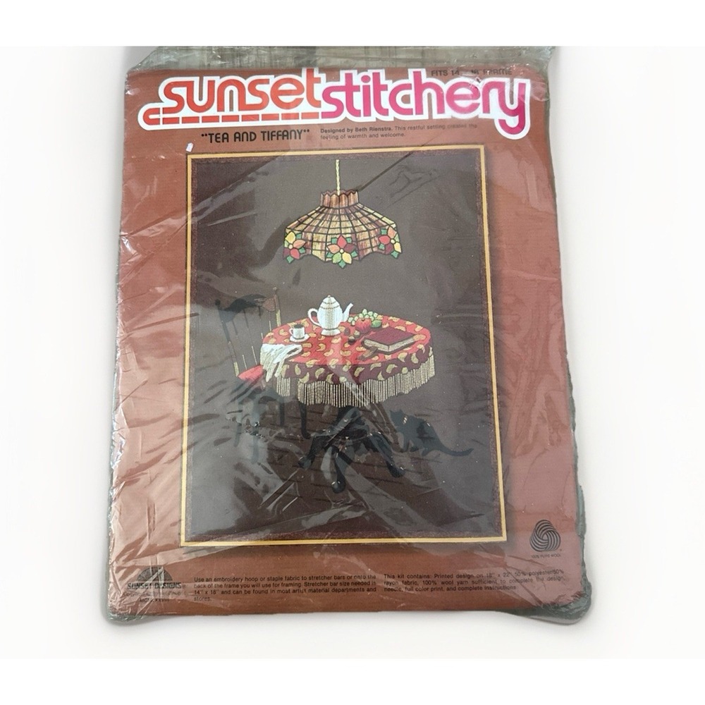 New Vintage Sunset Stitchery Tea and Tiffany 1977 Crewel Embroidery Kit 2695 MCM